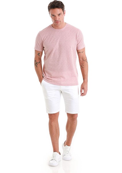 Pembe Regular Fit Jakarlı Bisiklet Yaka Keten Tişört