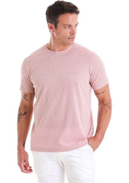Pembe Regular Fit Jakarlı Bisiklet Yaka Keten Tişört