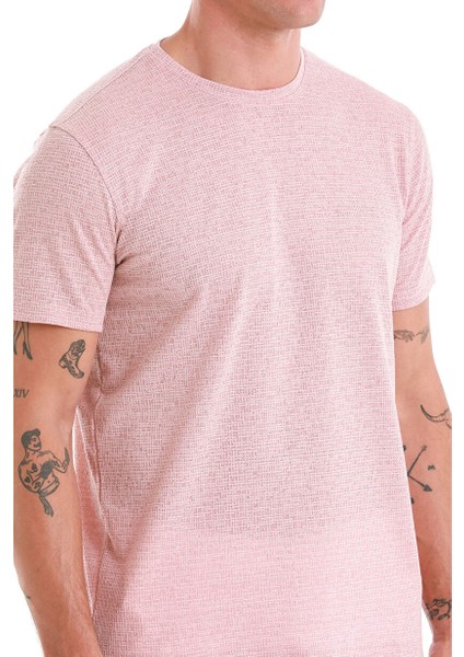 Pembe Regular Fit Jakarlı Bisiklet Yaka Keten Tişört