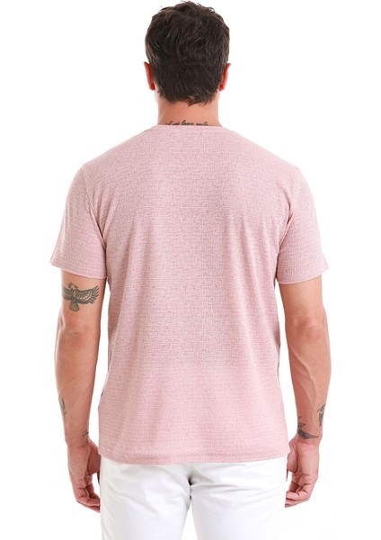 Pembe Regular Fit Jakarlı Bisiklet Yaka Keten Tişört