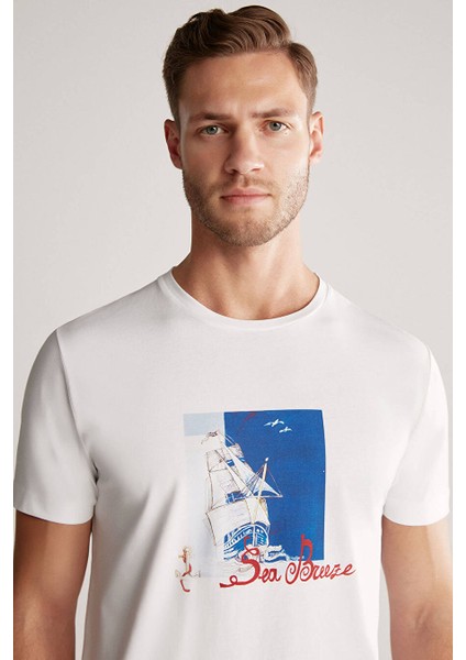 Baskılı Beyaz Pima Pamuk T-Shirt