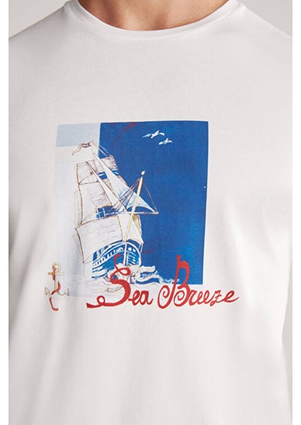 Baskılı Beyaz Pima Pamuk T-Shirt