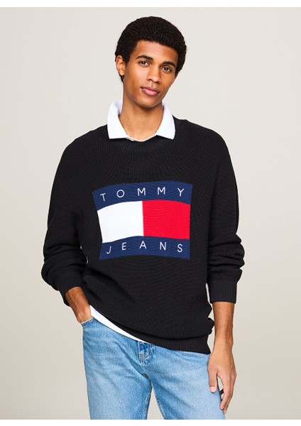 Bisiklet Yaka Regular Fit Baskılı Siyah Erkek Kazak DM0DM19186BDS Reg Dna Flag Sweater