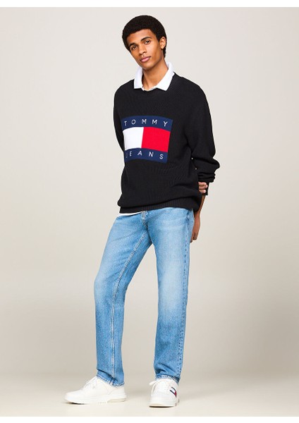 Bisiklet Yaka Regular Fit Baskılı Siyah Erkek Kazak DM0DM19186BDS Reg Dna Flag Sweater