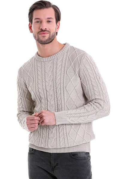 Bej Comfort Fit Jakarlı Pamuklu Bisiklet Yaka Triko Kazak