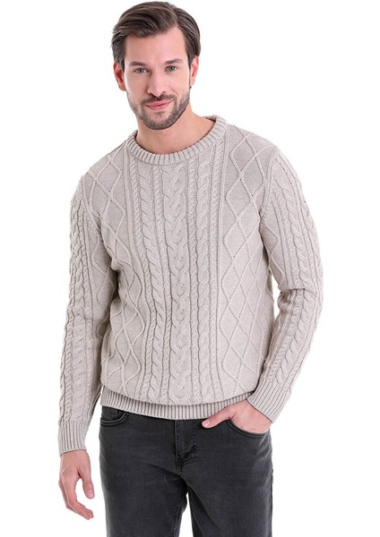 Bej Comfort Fit Jakarlı Pamuklu Bisiklet Yaka Triko Kazak