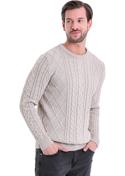 Bej Comfort Fit Jakarlı Pamuklu Bisiklet Yaka Triko Kazak