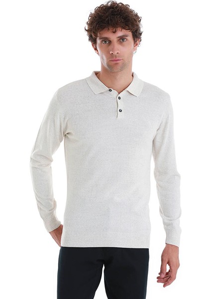 Bej Regular Fit Düz Polo Yaka Triko Kazak