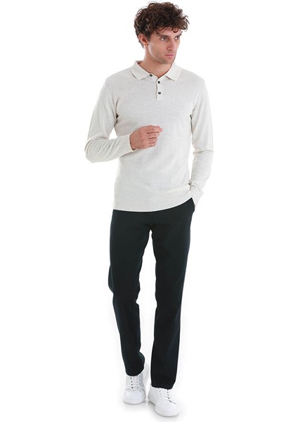 Bej Regular Fit Düz Polo Yaka Triko Kazak