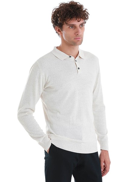 Bej Regular Fit Düz Polo Yaka Triko Kazak