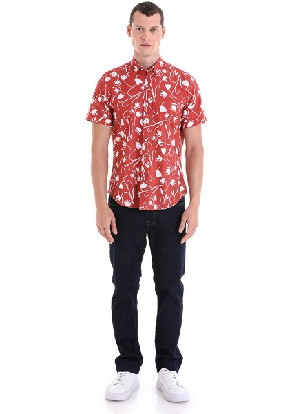 Kiremit Comfort Fit Baskılı Düğmeli Yaka 100% Pamuklu Kısa Kollu Casual Gömlek modelleri