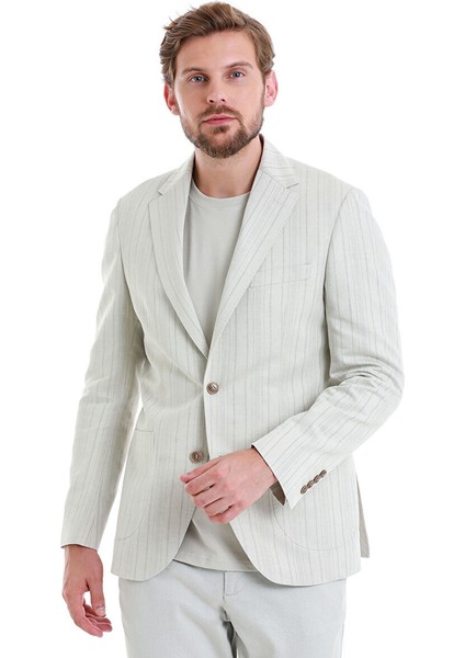 Bej Slim Fit Çizgili Mono Yaka Casual Keten Ceket