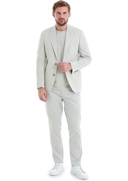 Bej Slim Fit Çizgili Mono Yaka Casual Keten Ceket fiyatları