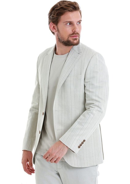 Bej Slim Fit Çizgili Mono Yaka Casual Keten Ceket modelleri