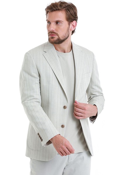 Bej Slim Fit Çizgili Mono Yaka Casual Keten Ceket fırsatları