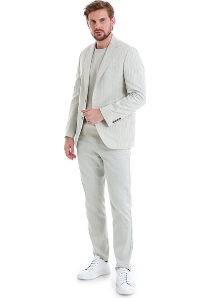 Bej Slim Fit Çizgili Mono Yaka Casual Keten Ceket indirimleri
