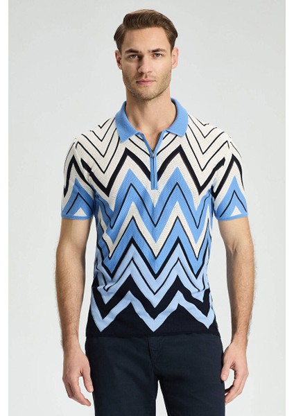 Zigzag Desenli Beyaz-Mavi Giza Pamuk Triko Polo