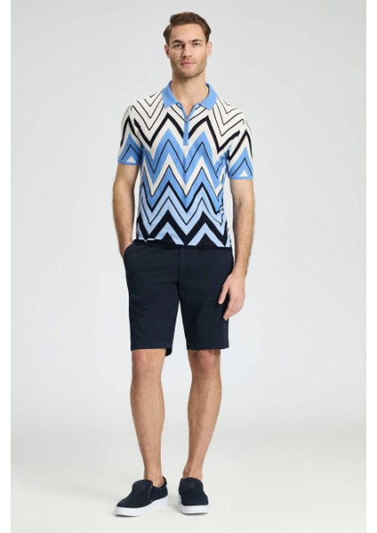 Zigzag Desenli Beyaz-Mavi Giza Pamuk Triko Polo