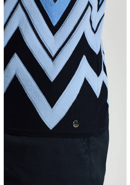 Zigzag Desenli Beyaz-Mavi Giza Pamuk Triko Polo