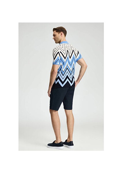 Zigzag Desenli Beyaz-Mavi Giza Pamuk Triko Polo