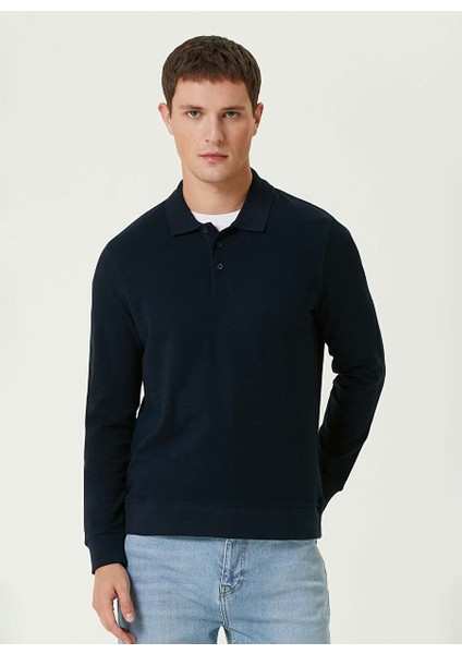 Lacivert Erkek Düğmeli Slim Fit Düz Sweatshirt 1092426