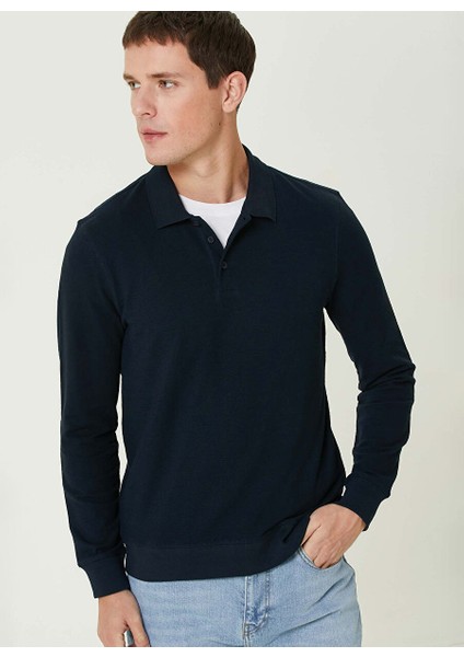 Lacivert Erkek Düğmeli Slim Fit Düz Sweatshirt 1092426