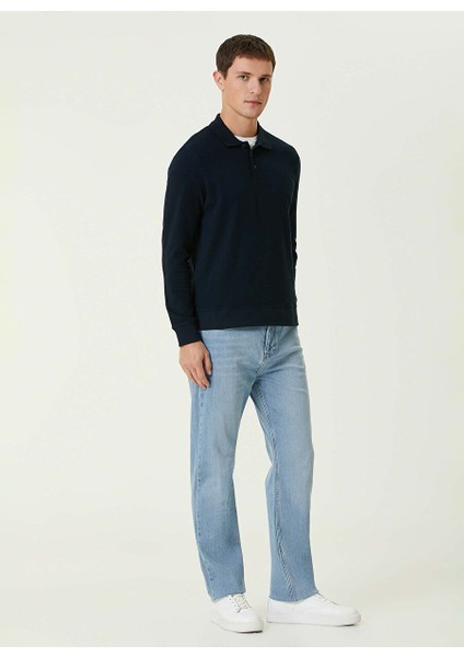 Lacivert Erkek Düğmeli Slim Fit Düz Sweatshirt 1092426