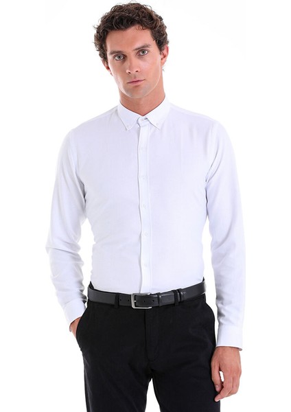 Beyaz Comfort Fit Düz Düğmeli Yaka Uzun Kollu Casual Oxford Gömlek fiyatları