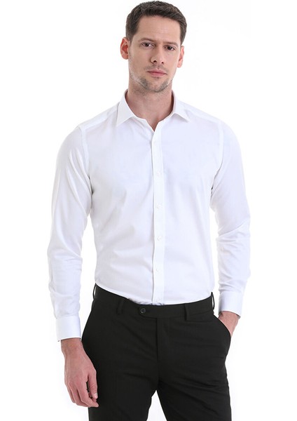 Beyaz Slim Fit Düz 100% Pamuklu Slim Yaka Uzun Kollu Casual Saten Gömlek