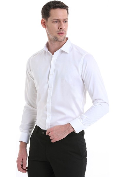 Beyaz Slim Fit Düz 100% Pamuklu Slim Yaka Uzun Kollu Casual Saten Gömlek fırsatları