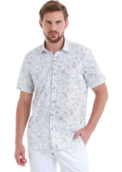 Lacivert Comfort Fit Baskılı 100% Pamuk Slim Yaka Kısa Kollu Gömlek