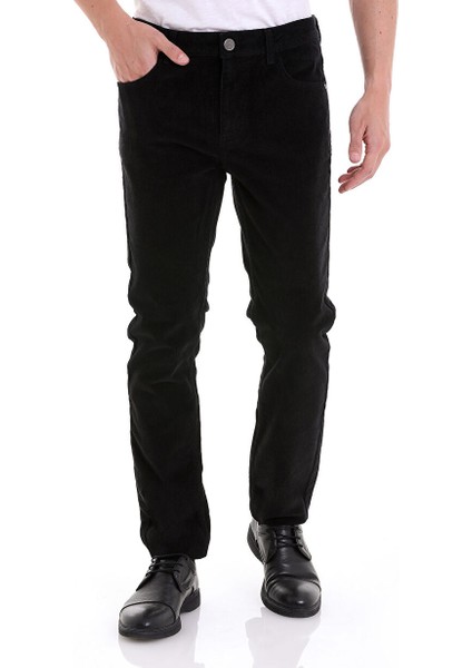 Siyah Dinamik Fit Düz 5 Cep Casual Kadife Pantolon