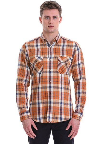 Turuncu Slim Fit Kareli 100% Pamuklu Düğmeli Yaka Uzun Kollu Casual Gömlek