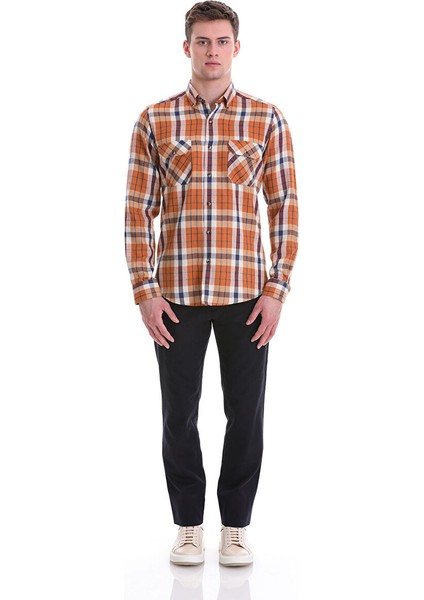 Turuncu Slim Fit Kareli 100% Pamuklu Düğmeli Yaka Uzun Kollu Casual Gömlek fiyatları