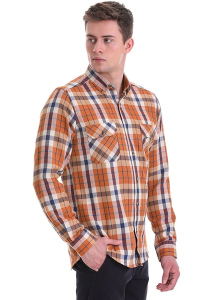 Turuncu Slim Fit Kareli 100% Pamuklu Düğmeli Yaka Uzun Kollu Casual Gömlek modelleri