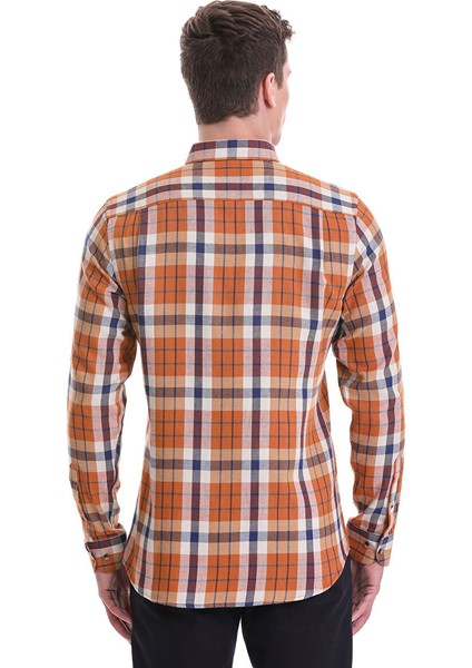 Turuncu Slim Fit Kareli 100% Pamuklu Düğmeli Yaka Uzun Kollu Casual Gömlek