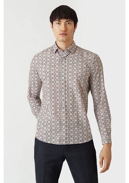 Erkek Regular Fit Uzun Kollu Desenli Spor Gömlek Bej GM22Y221161_K07
