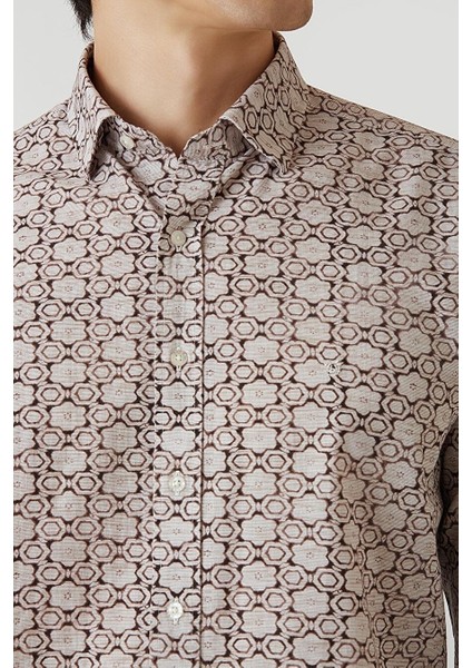 Erkek Regular Fit Uzun Kollu Desenli Spor Gömlek Bej GM22Y221161_K07