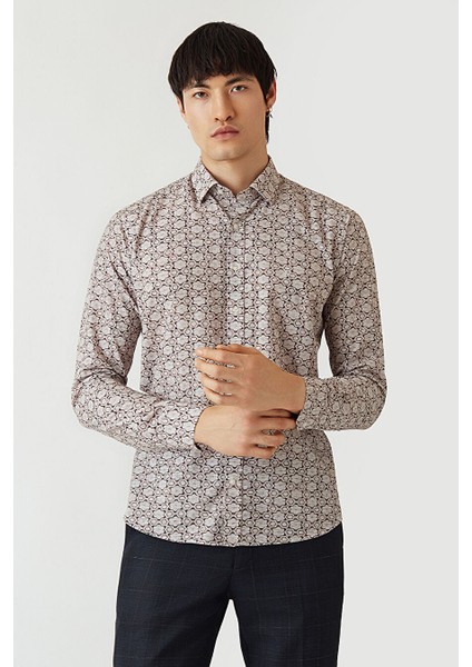 Erkek Regular Fit Uzun Kollu Desenli Spor Gömlek Bej GM22Y221161_K07