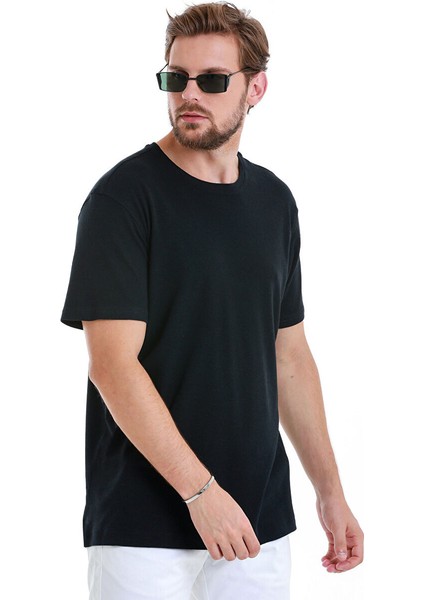 Lacivert Regular Fit Düz Bisiklet Yaka Keten Tişört
