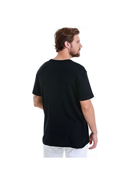 Lacivert Regular Fit Düz Bisiklet Yaka Keten Tişört