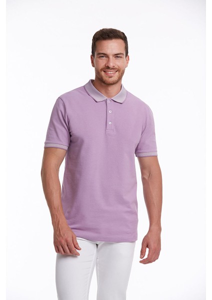 Lila Regular Fit Düz 100% Pamuklu Polo Yaka Tişört