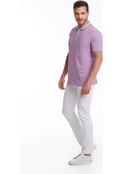 Lila Regular Fit Düz 100% Pamuklu Polo Yaka Tişört