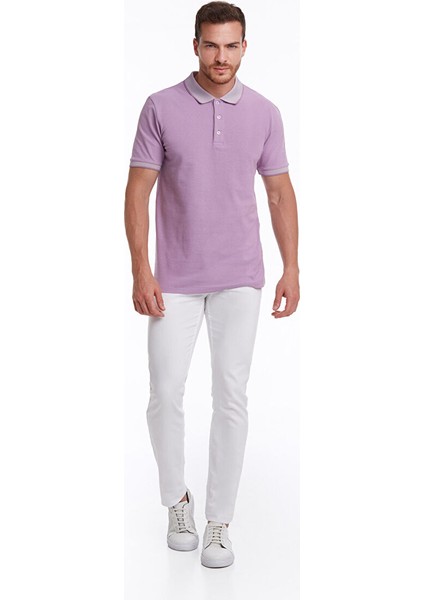 Lila Regular Fit Düz 100% Pamuklu Polo Yaka Tişört