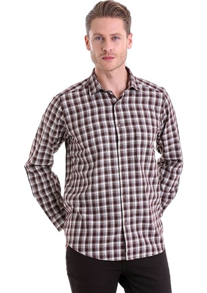 Bordo Klasik Fit Kareli Slim Yaka Uzun Kollu Casual Flanel Gömlek