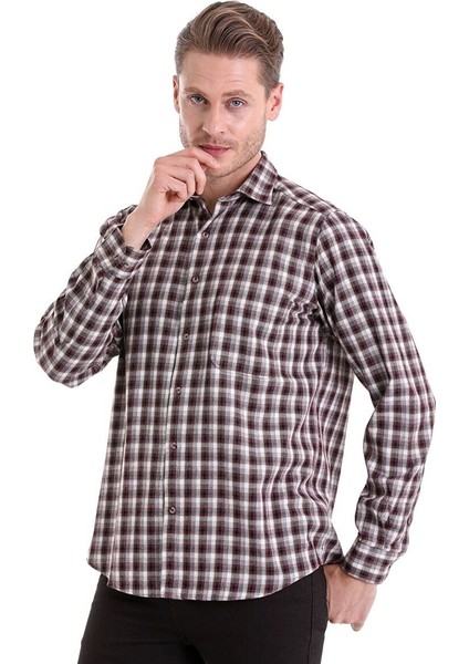 Bordo Klasik Fit Kareli Slim Yaka Uzun Kollu Casual Flanel Gömlek fiyatları