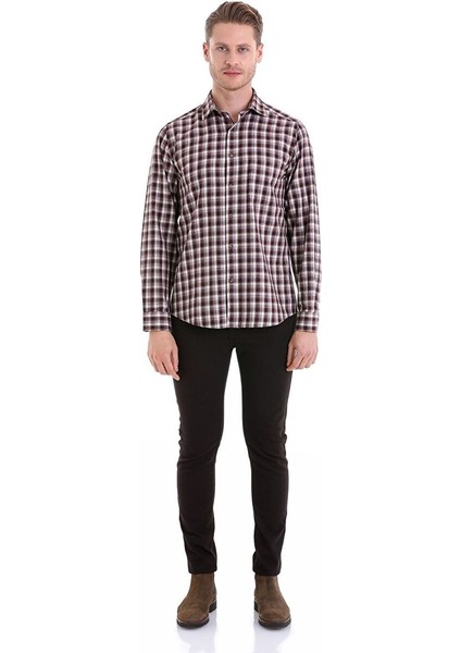 Bordo Klasik Fit Kareli Slim Yaka Uzun Kollu Casual Flanel Gömlek modelleri