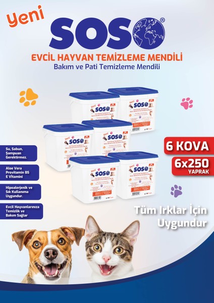 6 Adet x 250 Yaprak - Kova Evcil Hayvan Kedi Köpek Pati ve Vücut Temizleme Mendili Ynsmr