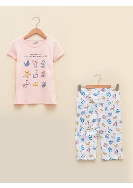 Bisiklet Yaka Baskılı Kısa Kollu Kız Çocuk Pijama Takımı (S2)