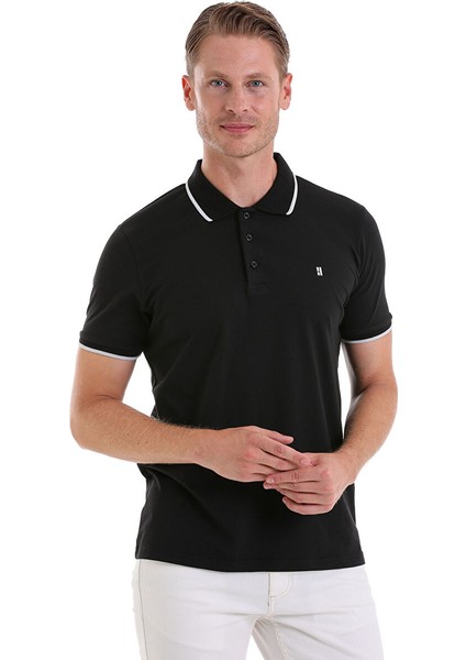 Siyah Regular Fit Düz 100% Pamuklu Polo Yaka Tişört